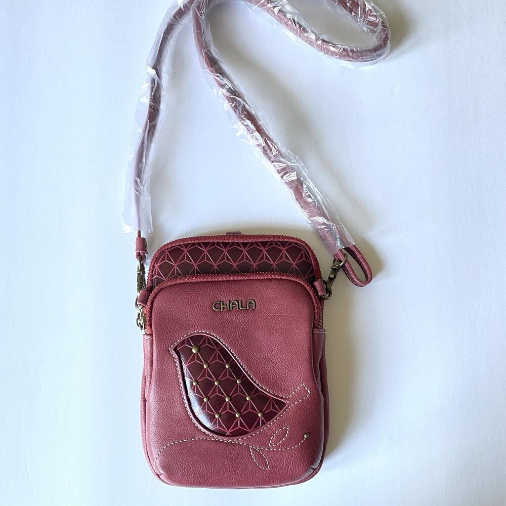 Chala Red Bird RFID Purse Crossbody Oxblood Red Small Travel Bag Long Strap - Picture 2 of 13